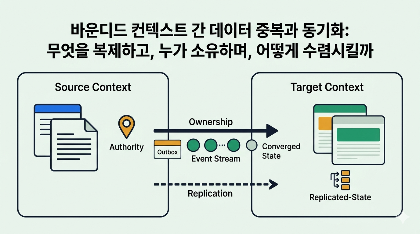바운디드 컨텍스트 간 데이터 중복과 동기화: 무엇을 복제하고, 누가 소유하며, 어떻게 수렴시킬까